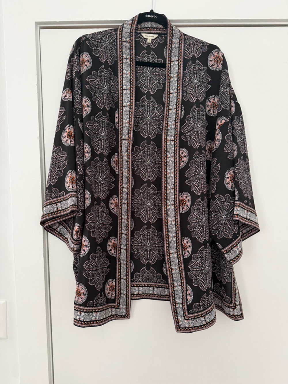 Max Studio Black Kimono with Pink and Coral Medallion Print